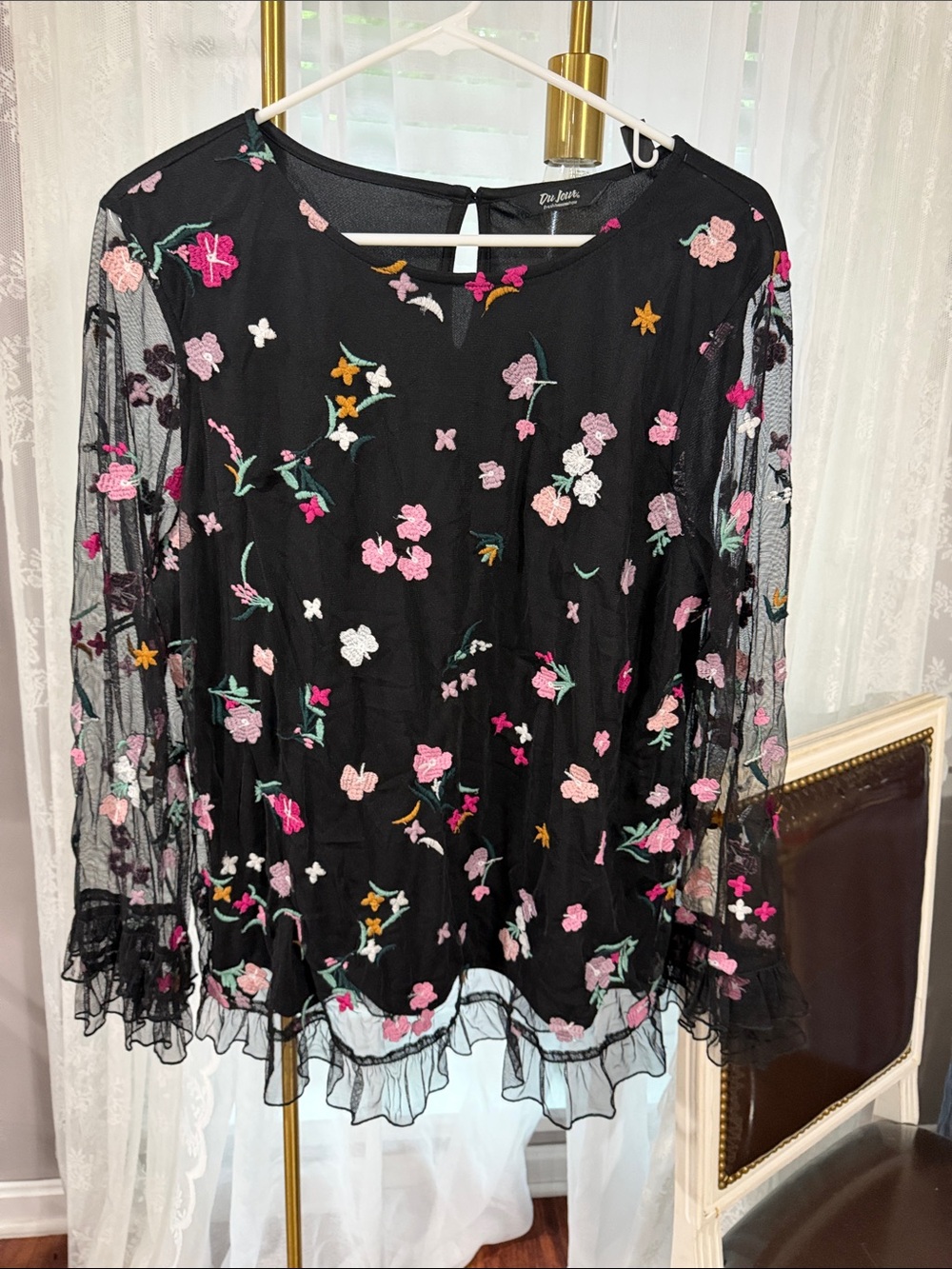 Du Jour Black Sheer Floral Embroidered Tunic with Pink & Green Accents